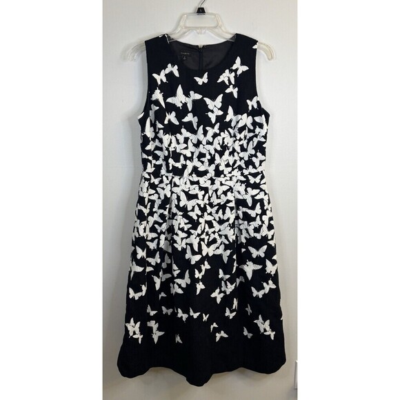 TALBOTS Butterfly Fit & Flare Dress Women 8 Black White Sleeveless Cotton Zip - Picture 2 of 11